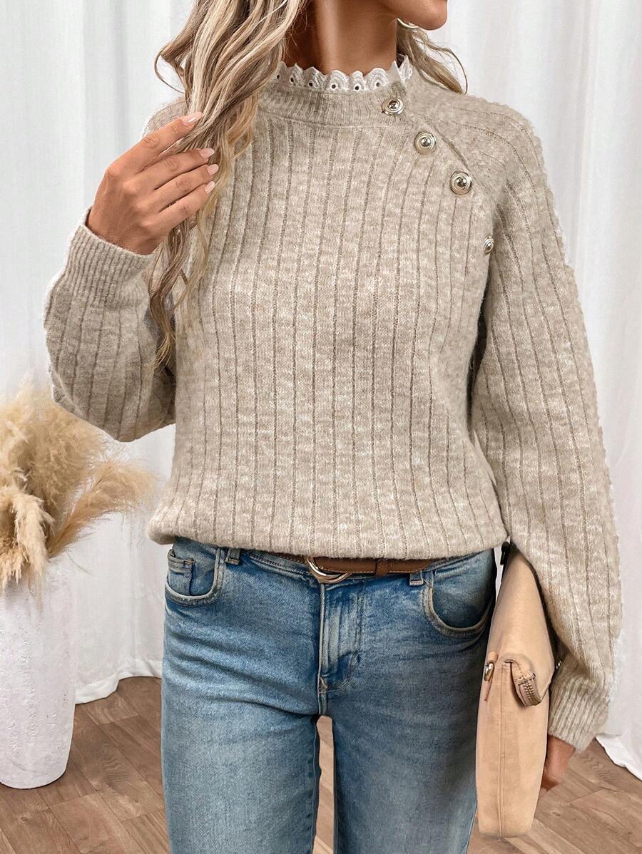 SHEIN Frenchy Women's  Fall Winter Warm Long Sleeve Lace Collar Buttoned Patchwork Sweater, Autumn/Winter Brown Casual