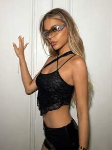 SHEIN ICON Damen Top mit doppellagiger Spitze, wellenförmigem Saum und Off-Shoulder Design