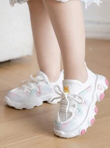 Girls' Casual Sports Shoes, Breathable Colorful Mesh Sneakers, Lightweight Running Shoes, Chunky Sneakers, Toddler Walking Shoes - White - View 1