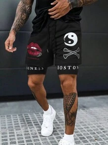 Manfinity Homme Men's Summer Casual Drawstring Waist 2 In 1 Lip & Letter Print Shorts - Black - View 1