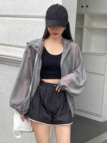 DAZY Áo khoác có mũ trùm đầu đơn giản hàng ngày màu trơn cho nữ với tay áo dài - Xám - Xem 4