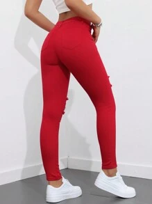 SHEIN ICON Women's Ripped Edges Skinny Jeans With Frayed Hem Skinny Cropped Red Cotton Curvy Skinny Women Jeans,Spring/Fall,Casual Daily Wear Y2k - Red - View 2