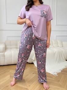 Bộ đồ ngủ tay ngắn in hoa cỡ lớn và quần dài cổ tròn, trang phục - Màu tím - Xem 5