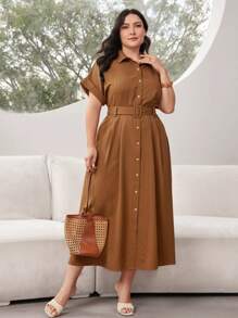 Mulvari Plus Size Solid Color Belted Batwing Sleeve Summer Dress - Brown - View 7