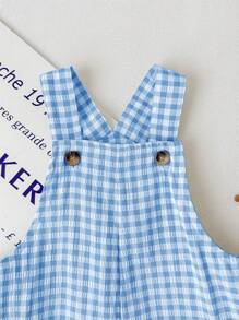 SHEIN Baby Boy Summer Cute Plaid Patterned Jumpsuit With Suspenders, For Christmas - Blue - View 3