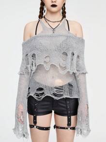 ROMWE Grunge Punk 女士露肩破洞時尚套頭毛衣 - 灰色 - 查看 5
