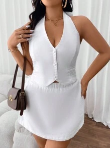 SHEIN Frenchy Kích thước lớn Tận hưởng kỳ nghỉ hè năm 2024 bằng cách mua bộ đồ hai mảnh vải lanh này, nó vừa vặn hoàn hảo và kiểu dáng hở lưng cho phép bạn khoe làn da rám nắng ngày lễ của mình. Kết hợp với váy lanh để có cảm giác thoải mái trong mùa hè. Bộ đồ vải lanh, Bộ váy hai mảnh, Trang phục mùa hè cho phụ nữ, Hai mảnh, Áo khoác trắng, Áo vest vải lanh - trắng - Xem 5