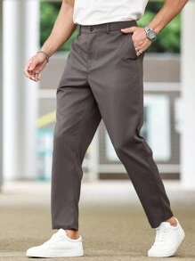 Calvornis Men Plus Size Solid Slant Pocket Pants, Plain Casual Tapered Slacks Pants, For Work, Husband, Boyfriend Gifts - Dark Grey - View 1