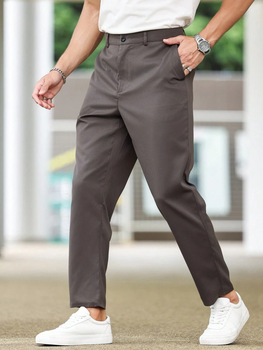 Calvornis Men Plus Size Solid Slant Pocket Pants, Plain Casual Tapered Slacks Pants, For Work, Husband, Boyfriend Gifts - Dark Grey - View 1