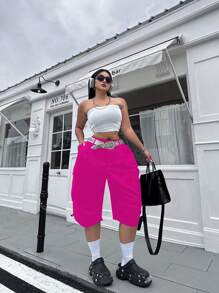 POPSWAY Plus Size Work Shorts With Covered Pockets And Drawstring Hem - Hot Pink - View 1