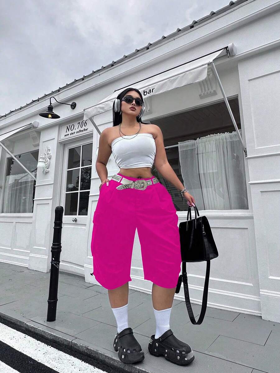 POPSWAY Plus Size Work Shorts With Covered Pockets And Drawstring Hem - Hot Pink - View 1