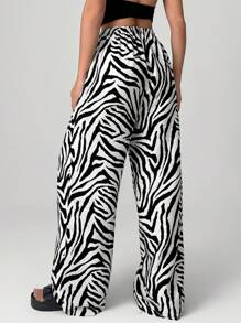 SHEIN EZwear Women's Stylish Animal Print Wide Leg Pants With Zebra Print For Everyday Wear - Black and White - View 2