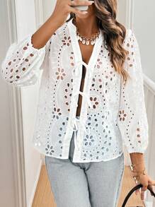 SHEIN Frenchy Damen Einfarbig ausgebranntes Schnürhemd für den täglichen Lässig-Stil Herbst Damenbekleidung Schulanfang Kleidung Old Money Stil Lehrer Outfits