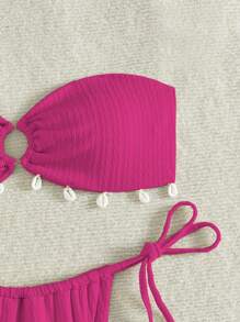 Swim Vcay Conjunto de bikini con tirantes partidos de estilo diario simple para mujer, para la playa de verano - Rosa Fucsia - Ver 4