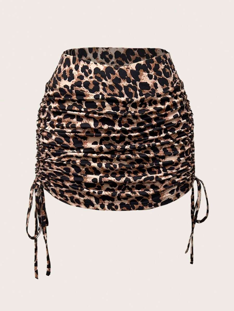 SHEIN EZwear Asymmetric Waist Leopard Print Shirred Mini Skirt