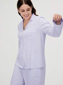 LUVLETTE Blue Soft Basic Long Women Cotton Pajama Set Lounge Sets For Women Pants With Pockets
