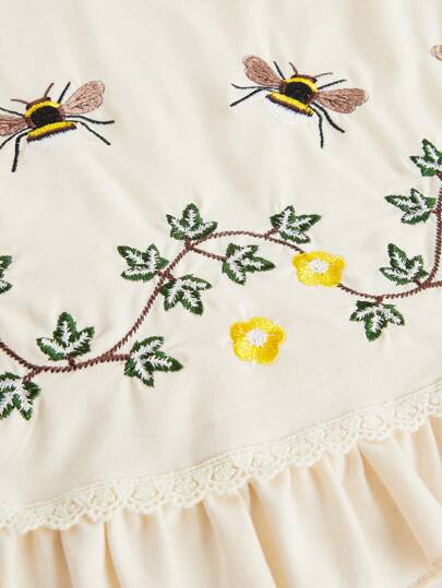 Fairycore Camisola de estilo Cottagecore bordada con abejas y viñas para mujer, para ocasiones casuales de verano