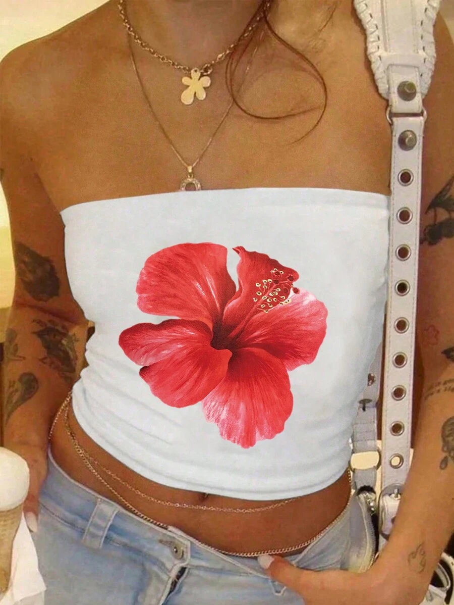 SHEIN EZwear Women's Y2K Floral Printed Tube Top For Summer - White - View 1