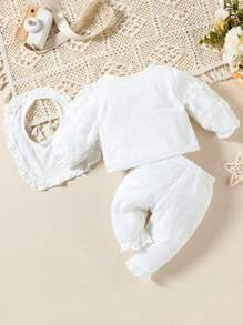 3 pezzi Bianco Pantaloni Con Bordo Di Pizzo, Top A Maniche Lunghe E Bavaglino  Set Per Bambine, Abbigliamento Per La Casa - Bianco - Visualizzare 2