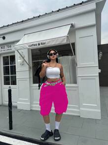 POPSWAY Plus Size Work Shorts With Covered Pockets And Drawstring Hem - Hot Pink - View 5