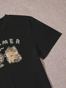 SHEIN EZwear Cute Fat Cat Printed Round Neck Women's T-Shirt - Black - View 3
