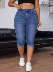 SHEIN EZwear Jean décontracté pour femme grande taille avec revers de l'ourlet pour tous les jours - Jean bleu - Voir 3