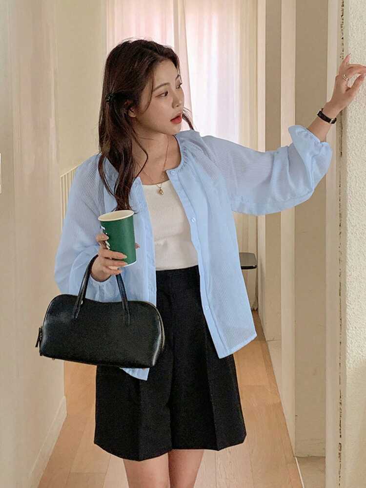 Women Striped Loose Semi-Sheer Long Sleeve Blouse,Fall Women Clothes