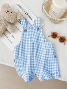 SHEIN Baby Boy Summer Cute Plaid Patterned Jumpsuit With Suspenders, For Christmas - Blue - View 5