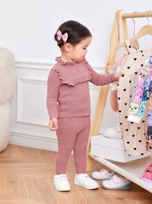 SHEIN Babygirl 纯色针织荷叶边下摆长袖上衣和松紧腰长裤两件套，秋冬 - 粉色 - 查看 4