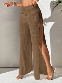 SHEIN Swim 女式纯色前系带侧开衩下装，休闲度假风格夏季 - 巧克力棕 - 查看 1