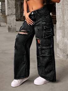 SHEIN PETITE Ladies' Casual Wide-Leg Cargo Jeans With Distressed Holes And Pockets