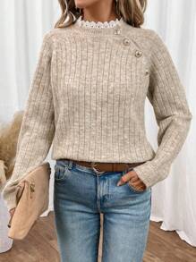 SHEIN Frenchy Women's  Fall Winter Warm Long Sleeve Lace Collar Buttoned Patchwork Sweater, Autumn/Winter Brown Casual