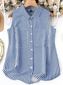 SHEIN LUNE 女士加大尺寸條紋簡約日常無袖襯衫 - 藏蓝色 - 查看 1