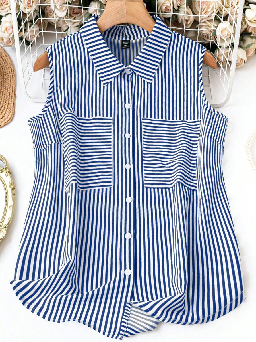 SHEIN LUNE 女士加大尺寸條紋簡約日常無袖襯衫 - 藏蓝色 - 查看 1