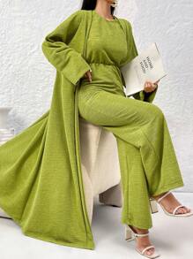 Modelyn Bộ đồ liền thân xếp ly cổ tròn màu trơn và áo khoác cardigan dài hai mảnh cho nữ, bộ đồ nghỉ dưỡng thường ngày 2 món - màu xanh lá - Xem 1
