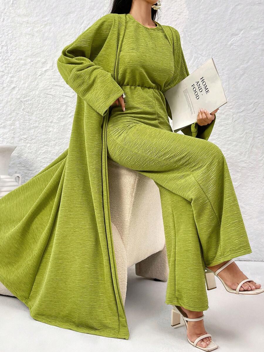 Modelyn Bộ đồ liền thân xếp ly cổ tròn màu trơn và áo khoác cardigan dài hai mảnh cho nữ, bộ đồ nghỉ dưỡng thường ngày 2 món - màu xanh lá - Xem 1