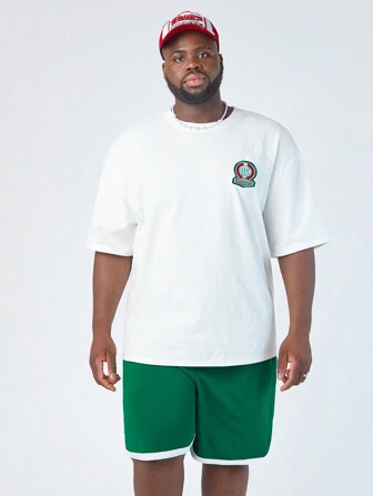 Manfinity NXTstreet Plus Size 2pcs Men's Loose Knit Round Neck Short Sleeve T-Shirt With Mid-Waist Drawstring Straight Shorts Set, Suitable For Daily Wear In Summer