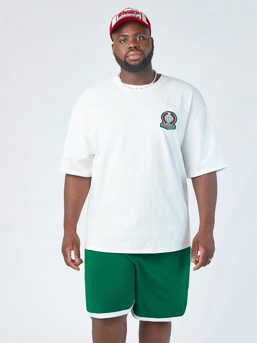 Manfinity VCAY Plus Size 2pcs Men's Loose Knit Round Neck Short Sleeve T-Shirt With Mid-Waist Drawstring Straight Shorts Set, Suitable For Daily Wear In Summer - Multicolor - View 1
