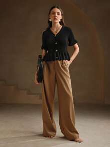 Anewsta 女士优雅 V 领黑色针织毛衣 - 黑色 - 查看 3