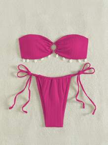 Swim Vcay Conjunto de bikini con tirantes partidos de estilo diario simple para mujer, para la playa de verano - Rosa Fucsia - Ver 5