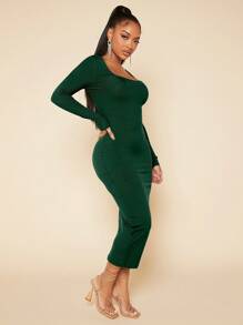 SHEIN SXY Solid Scoop Neck Long Sleeve Bodycon Dress For Dailywear Fall Clothes Women - Dark Green - View 3