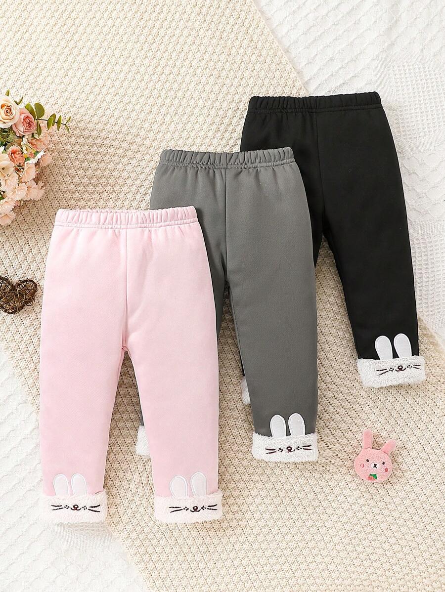 3pcs Baby Girls' Cute Rabbit Embroidery Plush Inner Long Pants Set, Autumn/Winter - Multicolor - View 1