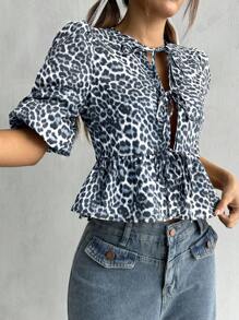 SHEIN EZwear 女式豹紋系帶前短袖襯衫 - 藍色 - 查看 2