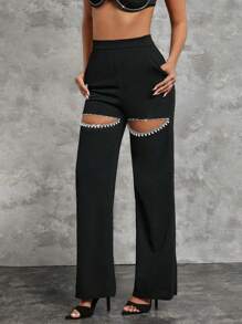 Hauture Pantalones para fiesta con adornos de strass y corte sexy - Negro - Ver 5