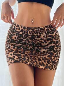 SHEIN EZwear Sexy & Fashionable Leopard Print Mesh Bodycon Mini Skirt For Spring/Summer