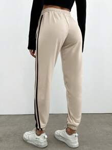 EURMUSE Contrast Side Seam Drawstring Waist Sweatpants - Apricot - View 2