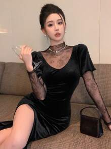 DAZY 天鹅绒派对礼服、返校季礼服、正式礼服、性感高开衩长袖蕾丝拼接中长连衣裙（女士）、秋冬舞会礼服 - 黑色 - 查看 4