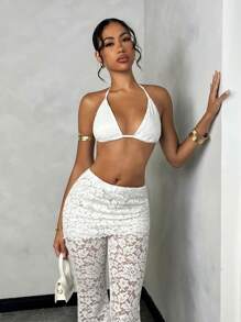 SHEIN BAE Women's Summer Simple Versatile Beach Vacation & Date Night White Lace Bra Spaghetti Strap Top + Lace Flare Leg Pants Holiday 2-Piece Set