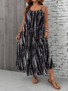 SHEIN VCAY Plus Size Tree Pattern Spaghetti Strap Backless Vacation Style Loose & Comfortable Dress,Beach Dress Sundress,Holiday Outfits Boho