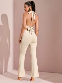 SHEIN BAE Women's Solid Color Back Tie Bodycon Jumpsuit With Metal Detailing, Casual Vacation